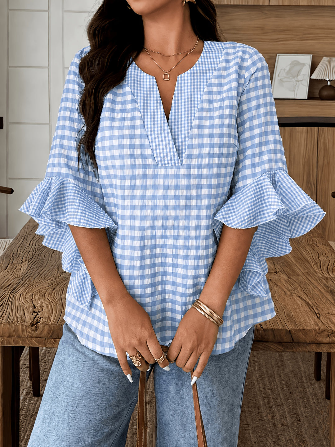 Poppy | Gingham Blouse with Flutter Sleeves