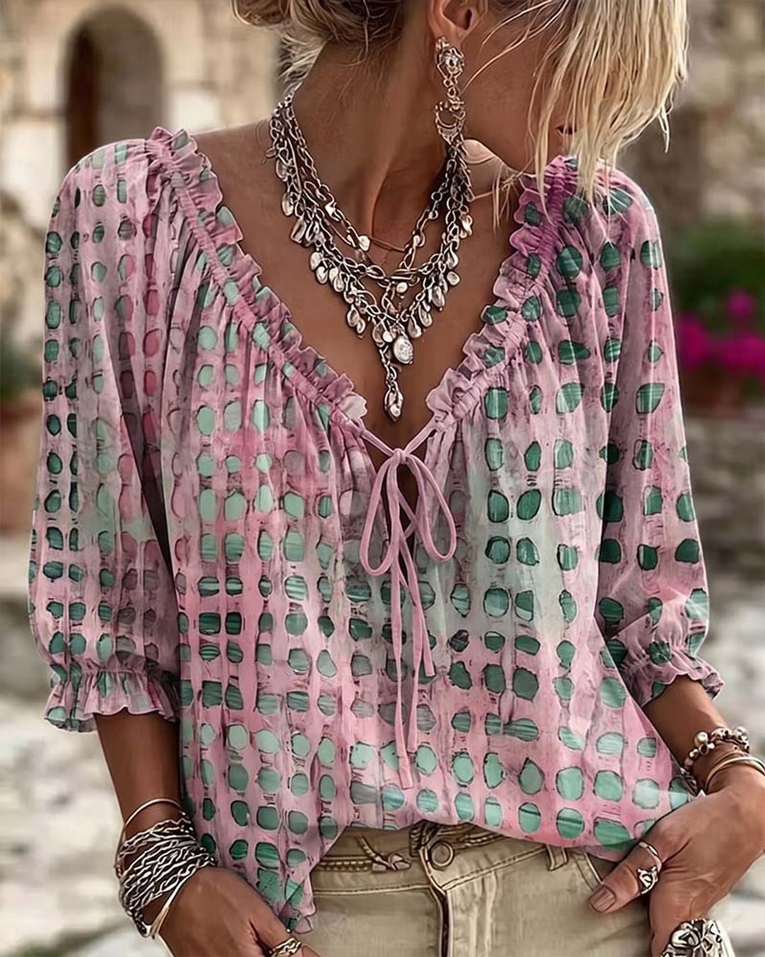 Mila | Boho Print Tie-Neck Blouse